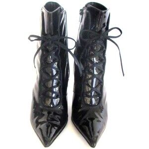 DESIGNER NINE WEST BLACK PATENT LACE FRONT POINTED TOE HIGH HEEL ANKLE BOOTS 8.5